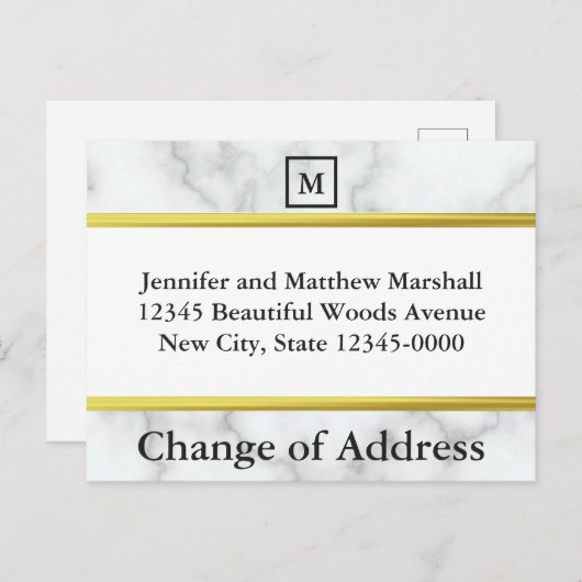 Monogram Wit Marmer Uitzicht Adreswijziging Aankondigingskaart (Voorkant / Achterkant)