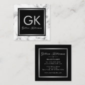 Monogram wit marmer zilver vierkante visitekaartje (Voorkant / Achterkant)