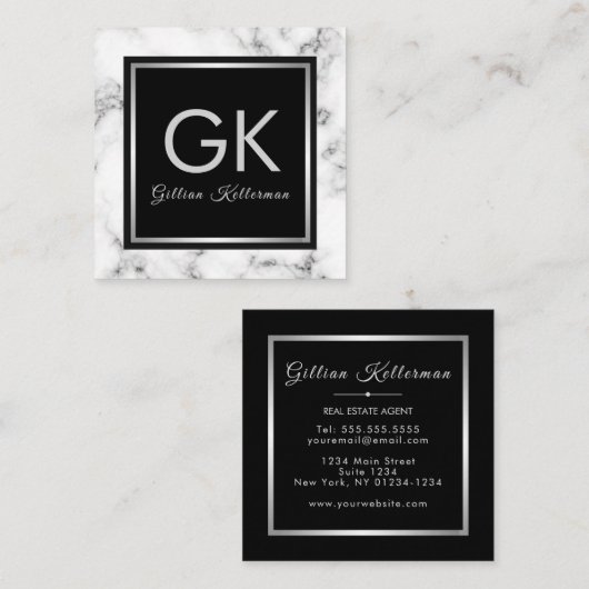 Monogram wit marmer zilver vierkante visitekaartje (Voorkant / Achterkant)