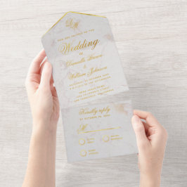 Monogram Wit Marmeren Nep Goud Elegante Trouw A All In One Uitnodiging