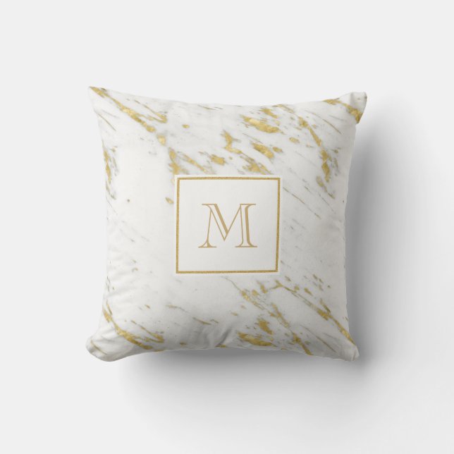 Monogram wit marmeren steen met gouden glitter kussen (Voorkant)