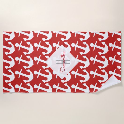 Monogram, Wit Nautisch Anker Patroon op Rood Strandlaken (Voorkant)