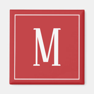 Monogram wit op Donker Rood Square Magnet
