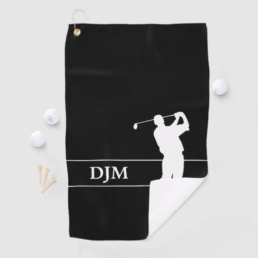 Monogram Wit op Zwarte Silhouet Golfer Golfhanddoek (Insitu)