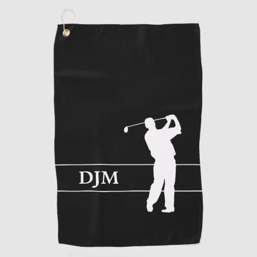 Monogram Wit op Zwarte Silhouet Golfer Golfhanddoek (Voorkant)