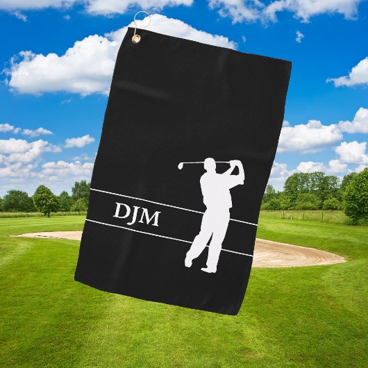 Monogram Wit op Zwarte Silhouet Golfer Golfhanddoek