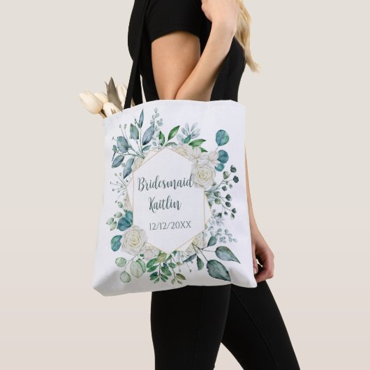 Monogram Wit Roos Groene Eucalyptus Bruidsmeisje Tote Bag (Dichtbij)