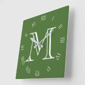 Monogram Wit Script Romeinse cijfers op groen acce Vierkante Klok (Hoek)