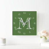 Monogram Wit Script Romeinse cijfers op groen acce Vierkante Klok (Huis)
