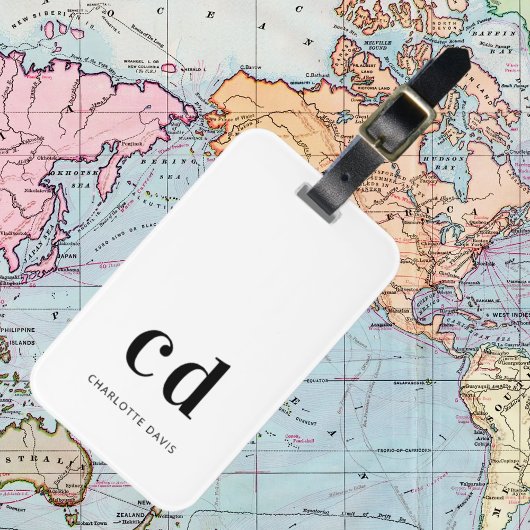 Monogram wit zwart naam initials elegant  bagagelabel