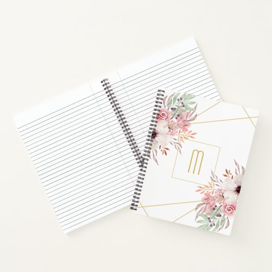 Monogram witgoud | Roze Bloemen Notitieboek (Binnen)