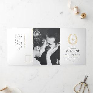 Monogram witgoud zwart bruiloftsmaal optie RSVP Drieluik Uitnodiging