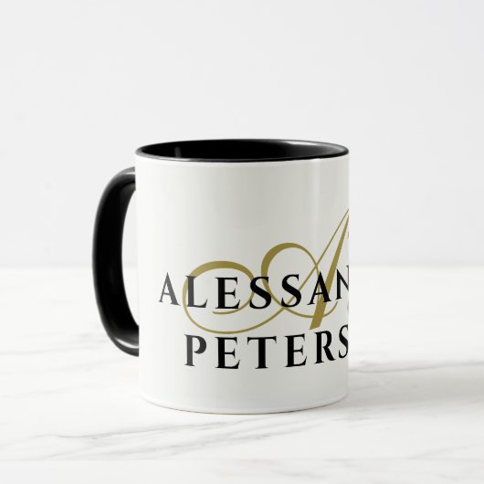 Monogram Witgoud Zwarte Naam Minimalistisch Elegan Mok (Voorkant links)