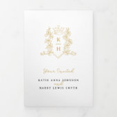 Monogram witgouden kroon bruiloft maaltijd optie R Drieluik Uitnodiging (Cover)