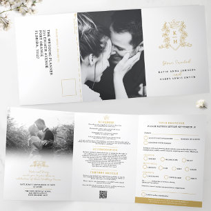 Monogram witgouden kroon bruiloft maaltijd optie R Drieluik Uitnodiging