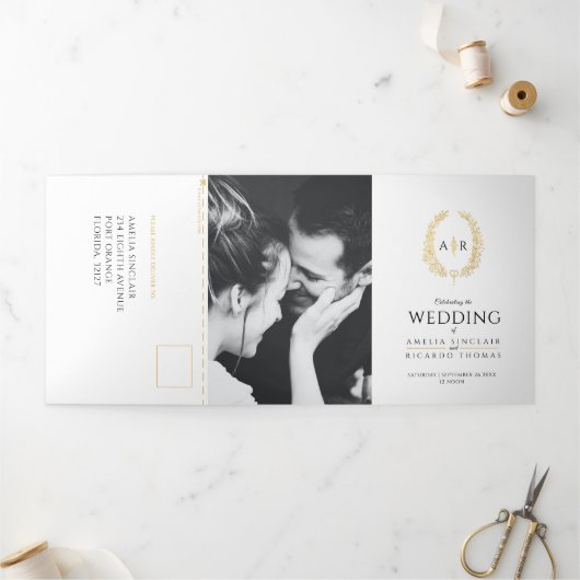 Monogram witgouden zwarte huwelijksdiner optie RSV Drieluik Uitnodiging (Buitenkant)