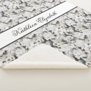 Monogram Witgrijze Zwanen Bloem Elegante Stijlvoll Sherpa Deken