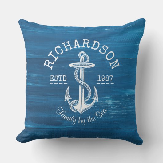 Monogram Witte Anker Blauw Gekleurd Hout Buitenkussen (Voorkant)