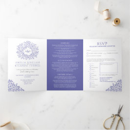 Monogram witte blauwe bladeren bruiloft drieluik uitnodiging