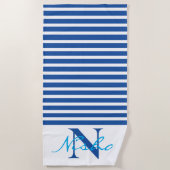 Monogram witte blauwe strepen strandlaken (Voorkant)
