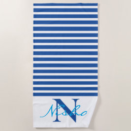 Monogram witte blauwe strepen strandlaken