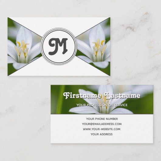 Monogram witte bloemen bloemist elegante driehoeke visitekaartje (Voorkant / Achterkant)
