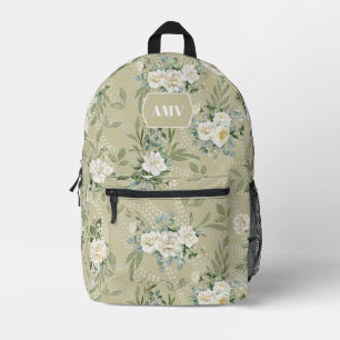 Monogram Witte Bloemen en Golvende Stippen Bedrukte Rugzak