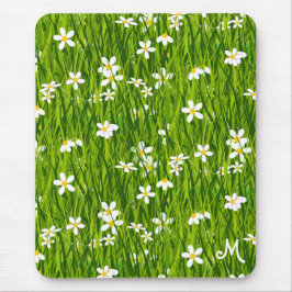 Monogram, Witte Bloemen en Groene Bladeren Muismat
