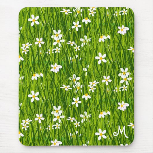 Monogram, Witte Bloemen en Groene Bladeren Muismat (Voorkant)
