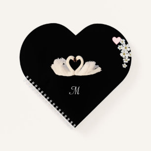 Monogram Witte Bloemen en Zwanen op Zwart Notitieboek
