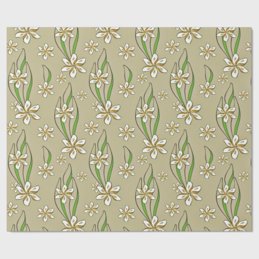 Monogram witte bloemenbeige achtergrond cadeaupapier (Vlak)