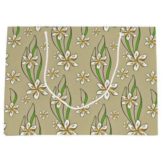 Monogram witte bloemenbeige achtergrond groot cadeauzakje (Voorkant)