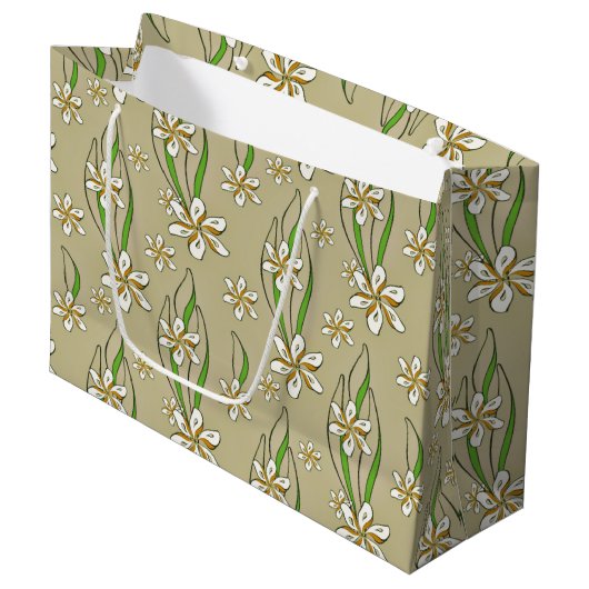 Monogram witte bloemenbeige achtergrond groot cadeauzakje (Voorkant Gekanteld)