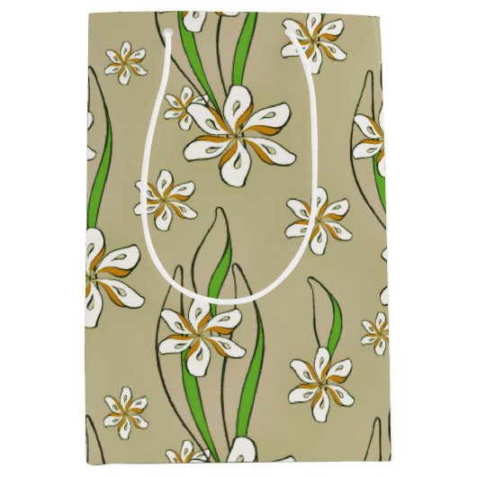 Monogram witte bloemenbeige achtergrond medium cadeauzakje (Voorkant)