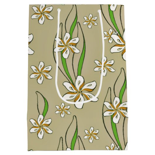 Monogram witte bloemenbeige achtergrond medium cadeauzakje (Achterkant)