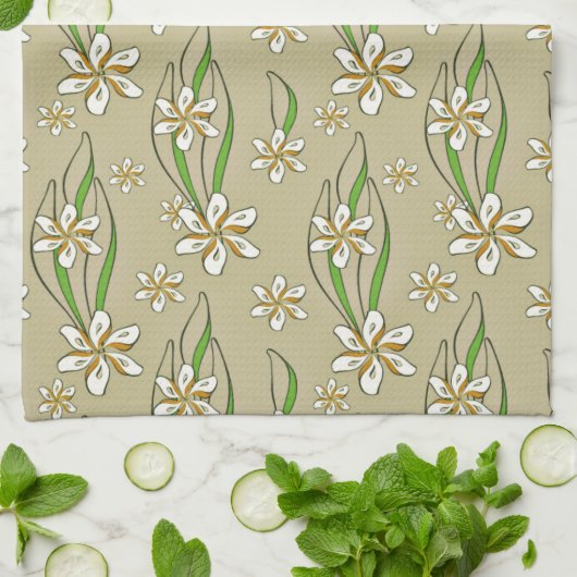 Monogram witte bloemenbeige achtergrond theedoek (Gevouwen)