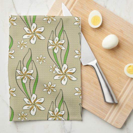 Monogram witte bloemenbeige achtergrond theedoek (Quarter Fold)