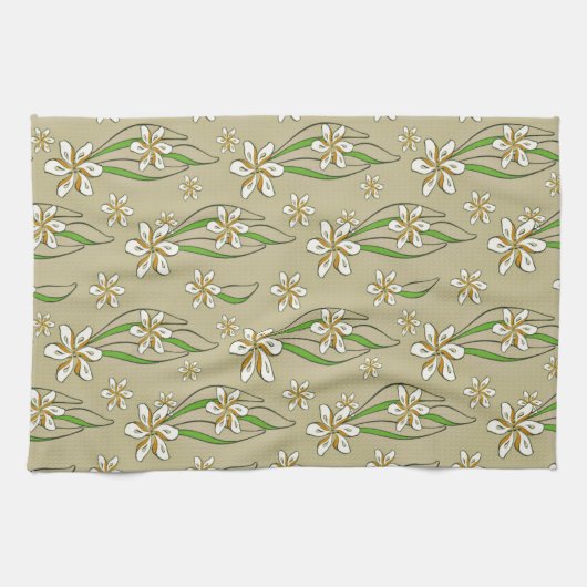 Monogram witte bloemenbeige achtergrond theedoek (Horizontaal)