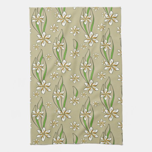 Monogram witte bloemenbeige achtergrond theedoek (Verticaal)