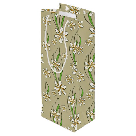 Monogram witte bloemenbeige achtergrond wijn cadeautas (Achterkant Gekanteld)