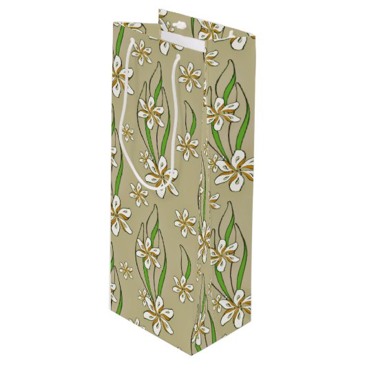 Monogram witte bloemenbeige achtergrond wijn cadeautas (Voorkant Gekanteld)