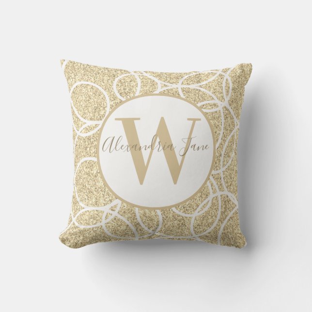 Monogram Witte Cirkel Gouden Glitter Modern Abstra Kussen (Voorkant)