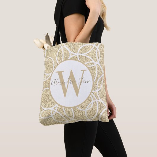 Monogram Witte Cirkel Gouden Glitter Modern Abstra Tote Bag (Dichtbij)