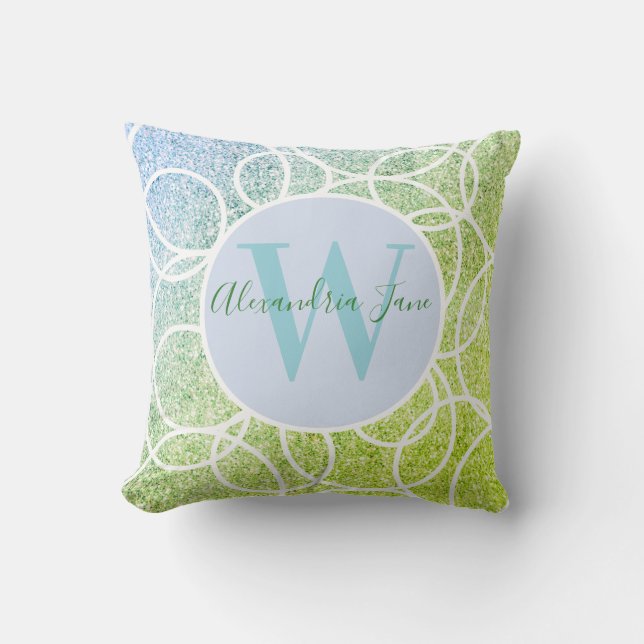 Monogram Witte Cirkels Blauw Groen Glitter Throw P Kussen (Voorkant)
