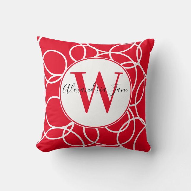 Monogram Witte Cirkels Rood Modern Abstract Kussen (Voorkant)
