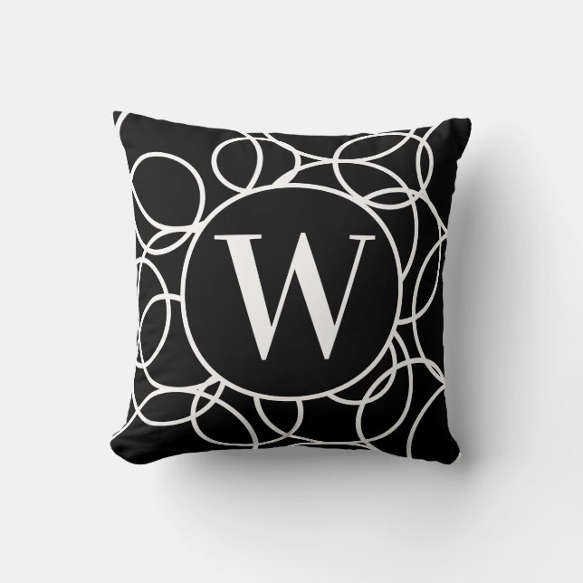Monogram Witte Cirkels Zwart Modern Abstract Gooi Kussen (Voorkant)
