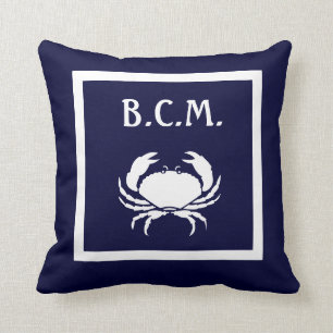 monogram & WITTE CRAB & Zanker WHITE op BLUE Kussen