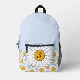 Monogram Witte Daisies op Bord Poeder Blauw Bedrukte Rugzak