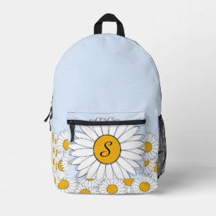 Monogram Witte Daisies op Bord Poeder Blauw Bedrukte Rugzak