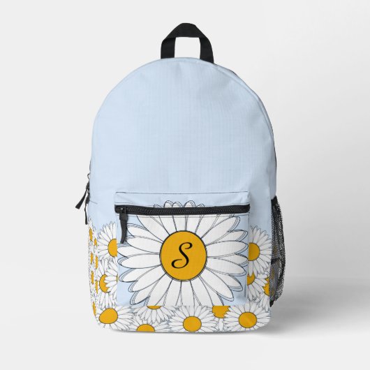 Monogram Witte Daisies op Bord Poeder Blauw Bedrukte Rugzak (Voorkant)